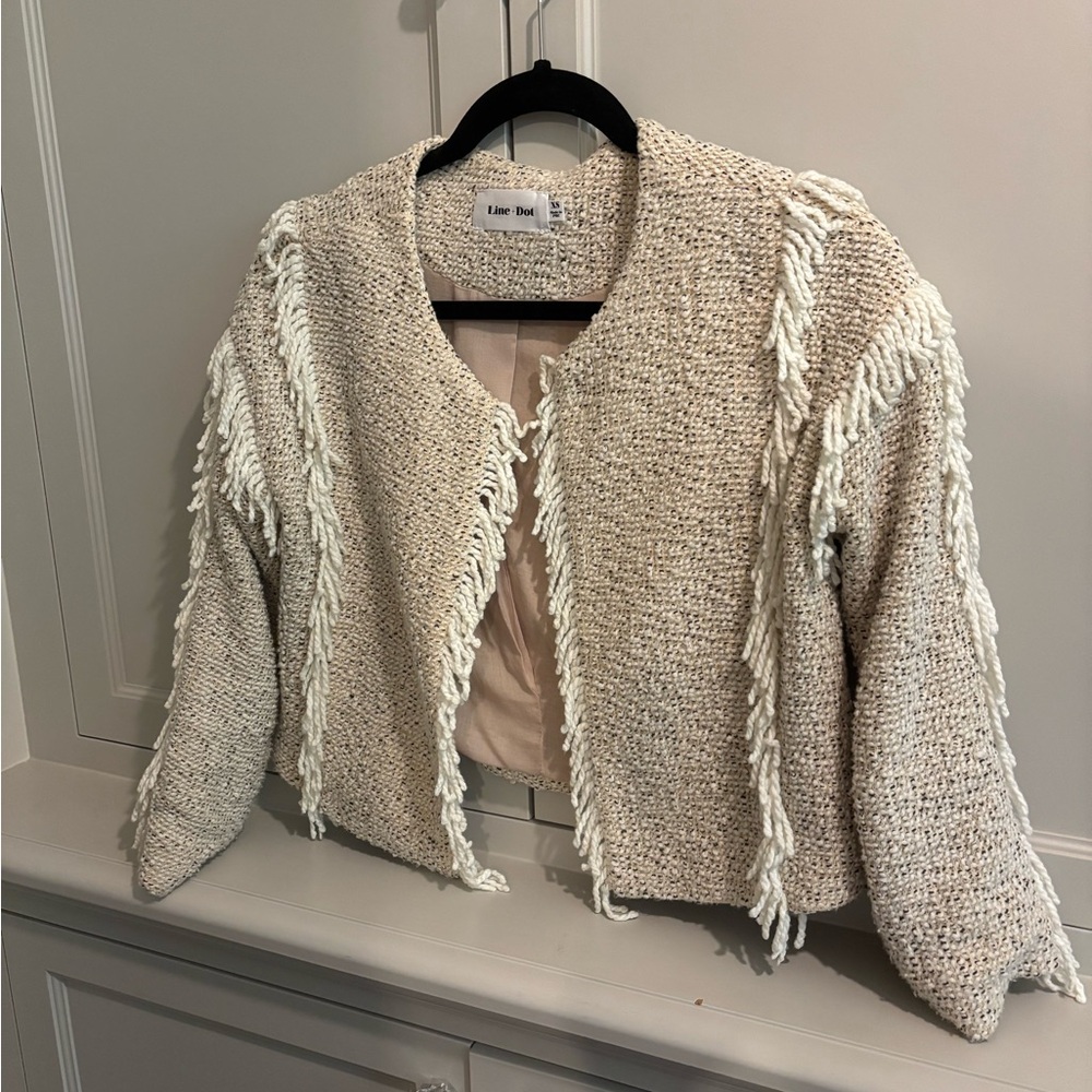 Line & Dot Textured Cream Jacket with Fringe